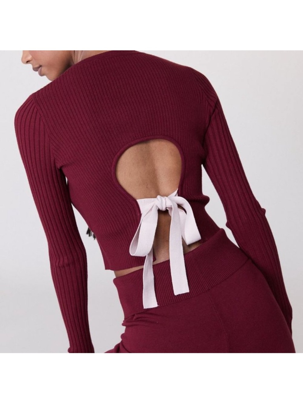 Live The Process Ribbed Crewneck Sweater in Burgundy with White Bow Back